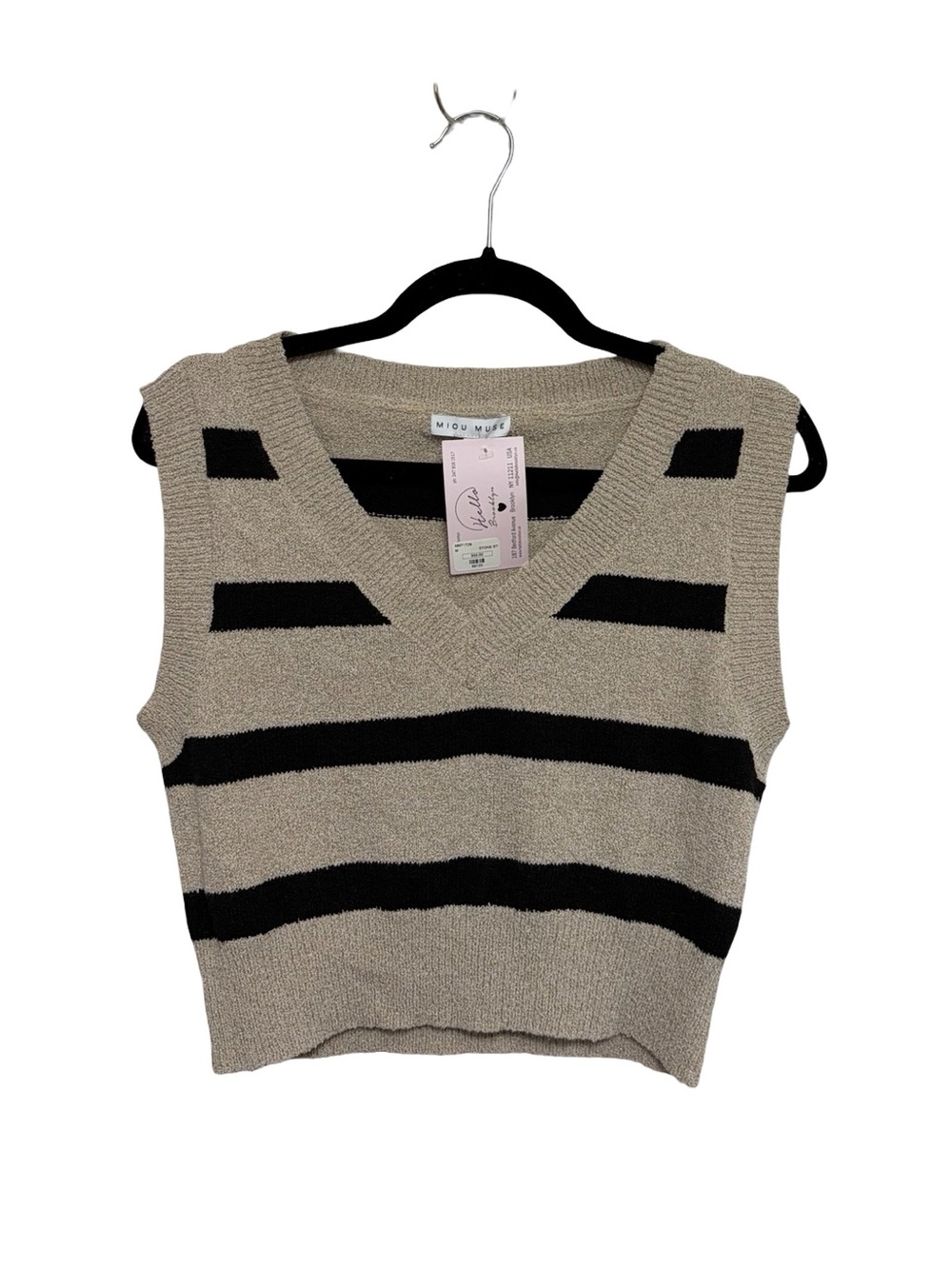 NEW Miou Muse V Neck Cropped Sweater Vest in Black and Beige Stripe - Size M